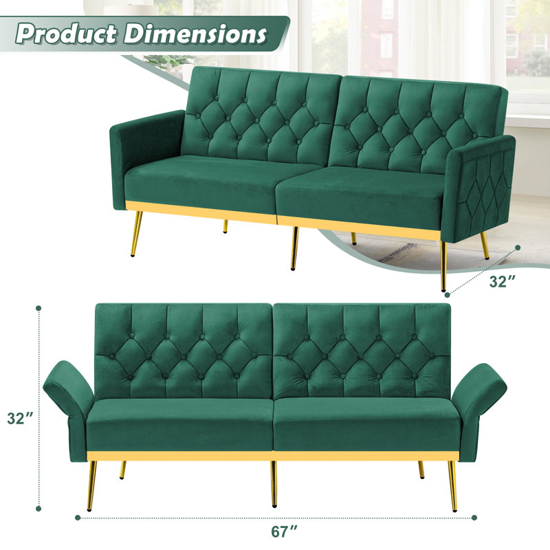 Zineta 67'' Velvet Sleeper Sofa, Green