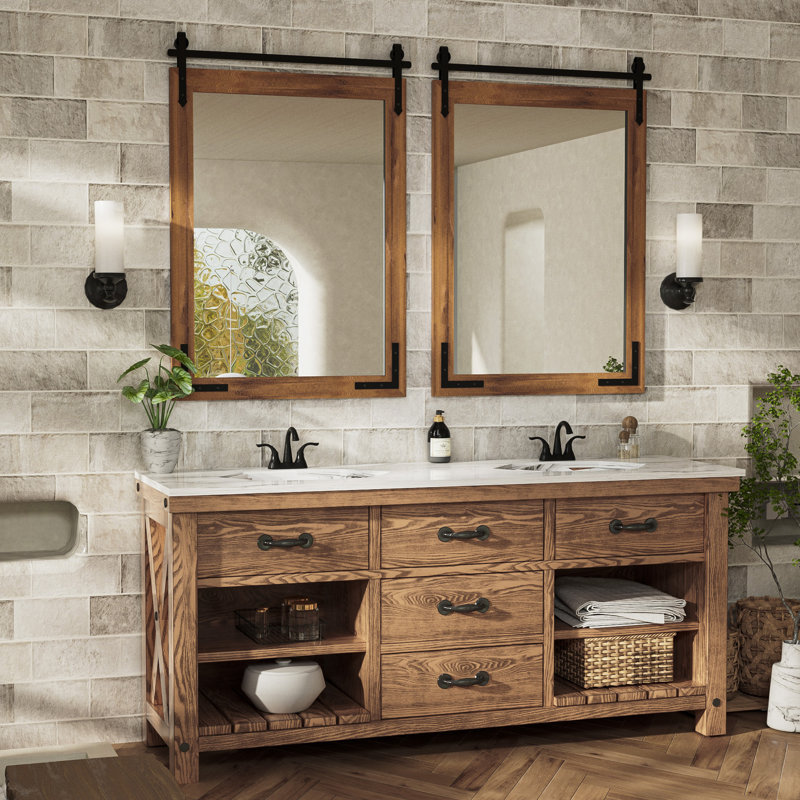 Brunilda Rustic Farmhouse Solid Wood Frame Accent Mirror Decorative Mirror, 36" x 24", Brown