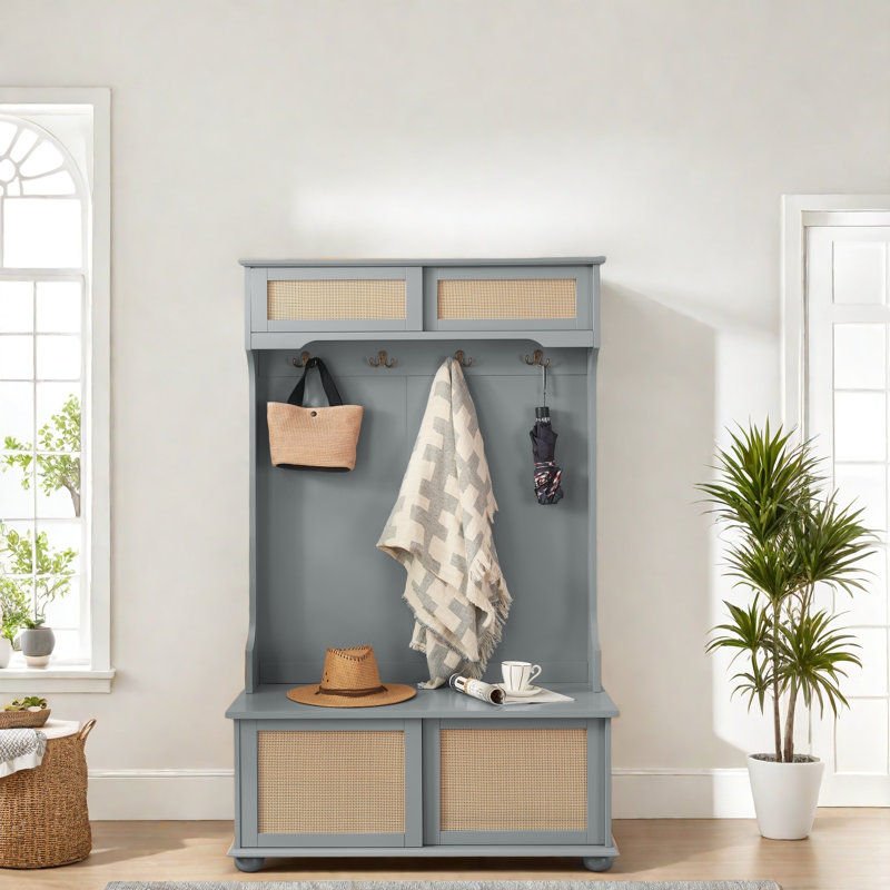 Hall Tree Entryway Bench With Rattan Door Shelves And Shoe Cabinets