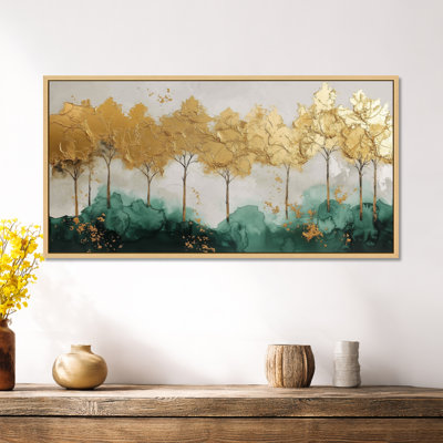 «Gold Green Elegant Gold Forest Line II», impression sur toile encadrée sereine, art mural Moody Large