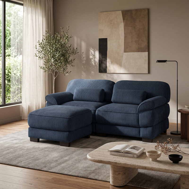 Canapé modulaire bleu en velours côtelé 3 places avec 2 repose-pieds et sièges, 2 places + 1 repose-pieds