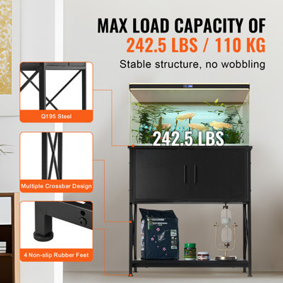 Support pour aquarium de 110 litres (29 gallons), en acier et MDF, dimensions : 73 x 42 x 76 cm (28,7 x 16,5 x 30 pouces). Support pour aquarium à tortues, capacité de charge : 110 kg (242,5 lb). Support de terrarium avec armoire de rangement et panneau électrique intégré, noir.
