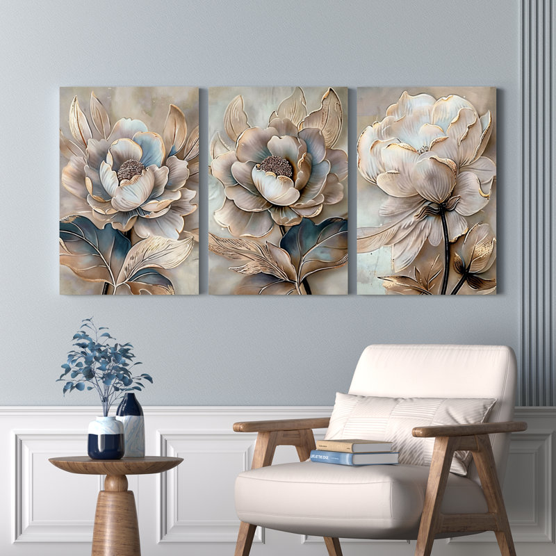 Ensemble de 3 toiles abstraites à motif floral neutre, H 12 po x l 24 po