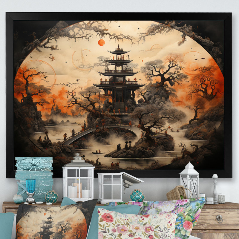 Roue bouddhique beige orange de la vie - impressions murales spirituelles, Cadre simple noir, H 24 po x l 32 po x P 1 po