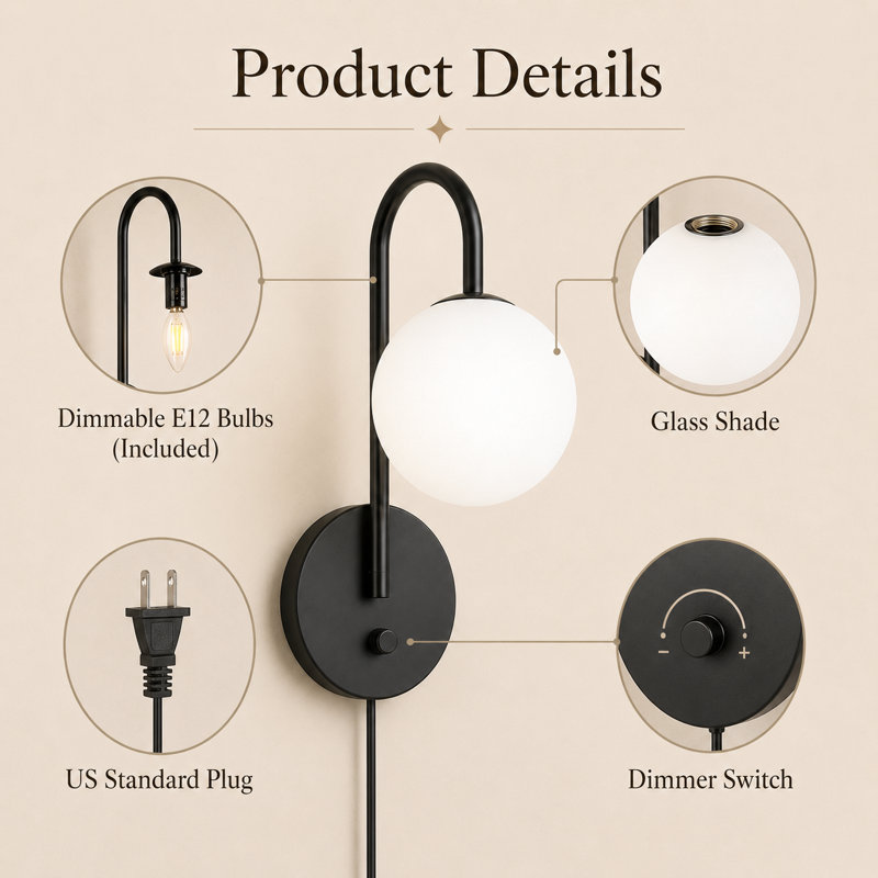 Selenia Iron Armed Wall Sconces White Globe Glass Shade (Set of 2), Black