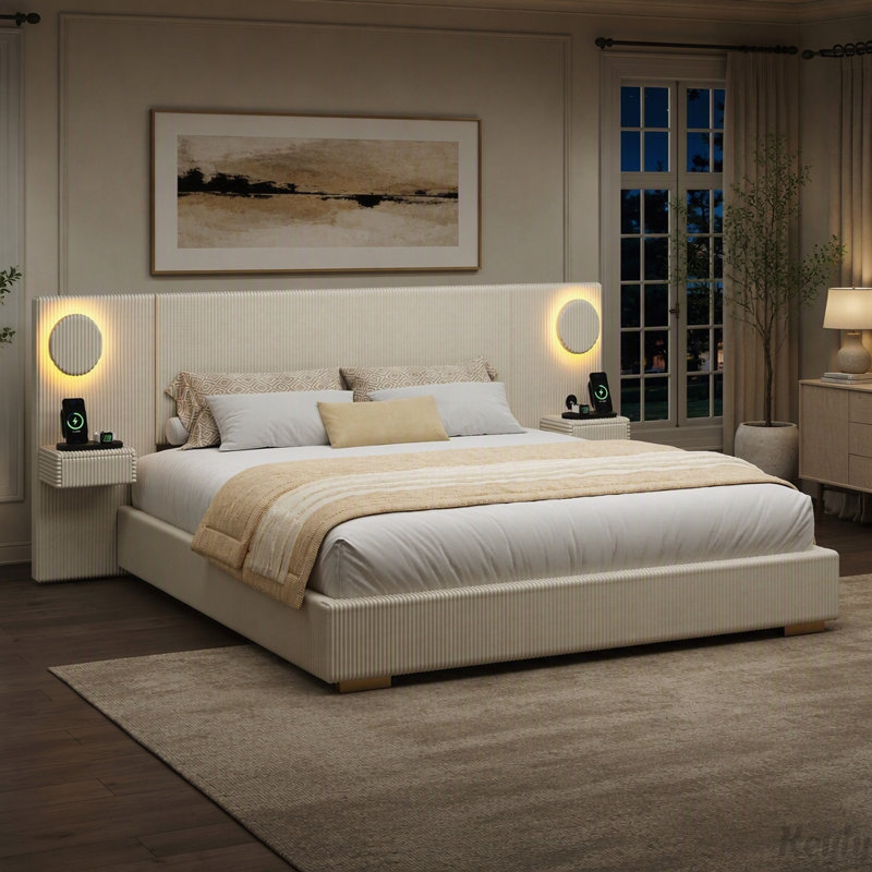 Lit plateforme rembourré avec éclairage circulaire DEL, port de chargement USB et tiroirs de rangement latéraux, Beige