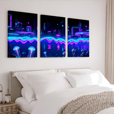 Ensemble de 3 tableaux sur toile représentant un paysage urbain néon avec méduses et robots