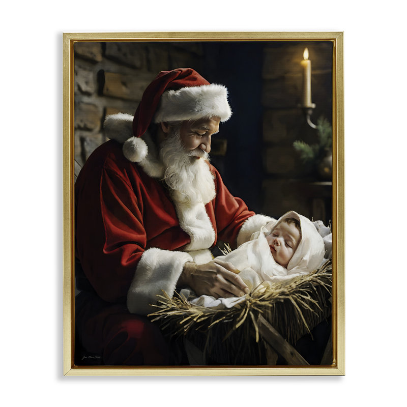 Cadre flottant père Noël et bébé Jésus, design par Jo Moulton, H 21 po x l 17 po, Cadre flottant métallique doré