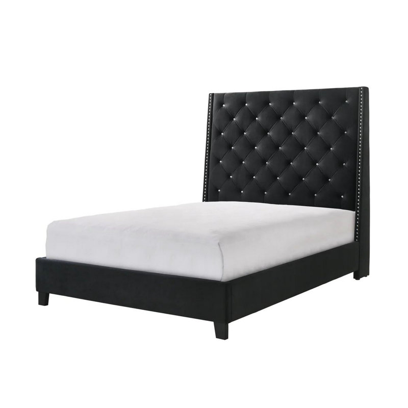 Maze Bed, Button Tufted, Nailhead Trim, Fabric Upholstery, Black, Queen
