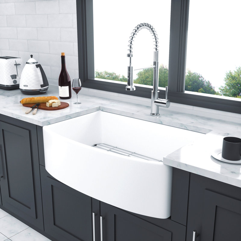 White Farmhouse Sink - 33 Inch White Kitchen Sink Ceramic Arch Edge Apron Front Single Bowl Farm Kitchen Sinks
