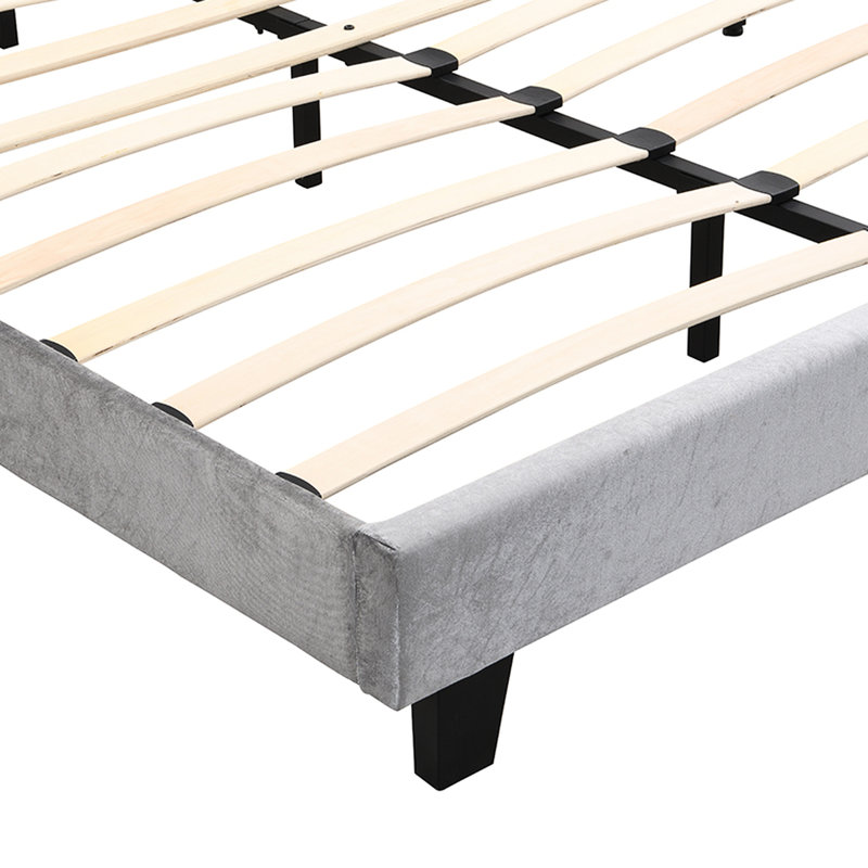 Upholstered Button Queen Bed In Grey Velvet - Curve Style Strong Wood Slat Foundation Led Lights Easy Assembly No Box Spring Required Grey Look Support