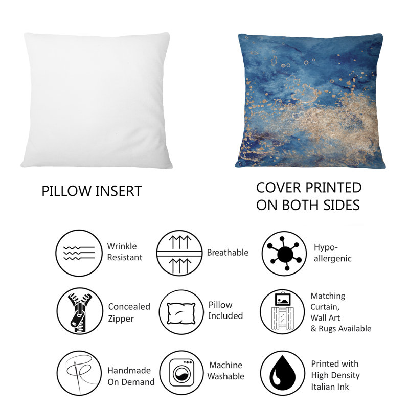 Coussin abstrait à imprimé abstrait bleu et or II, 16 po x 16 po
