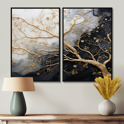 Golden Branch Tree Luminous Tangle III - Floral Tree, reproduction d'art monochrome sur toile