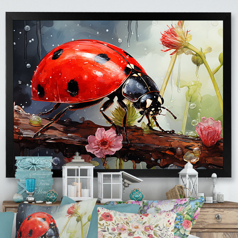 Curious Ladybug Crimson Serenity, H 16 po x l 32 po x P 1 po, Cadre simple noir