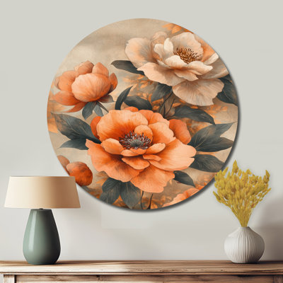 Peonies Autumn Blooms Serenade I - Peonies Round Metal Wall Art, Traditional Orange Metal Art Print