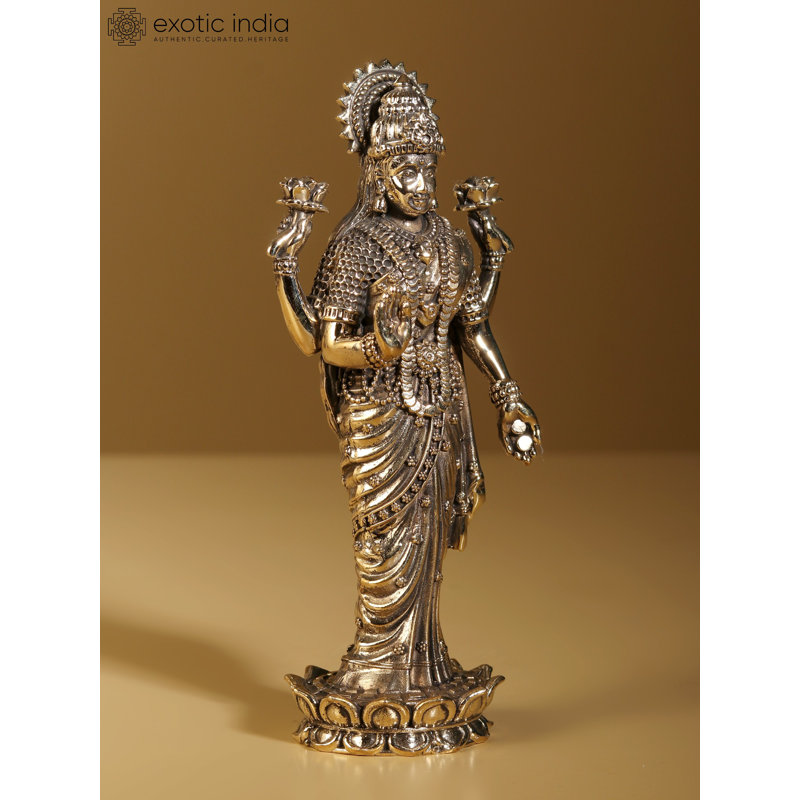 Superbe statue de Lakshmi en laiton - debout sur un lotus, sculpture artisanale de déesse indoue, finition dorée antique, hauteur de 15 po, temple et décoration