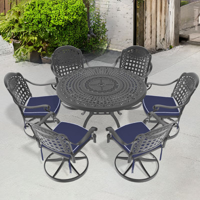 Ensemble de salle à manger 7 pièces en fonte d'aluminium toutes saisons, comprenant 6 chaises pivotantes et une table ronde de 47,24 po avec structure noire