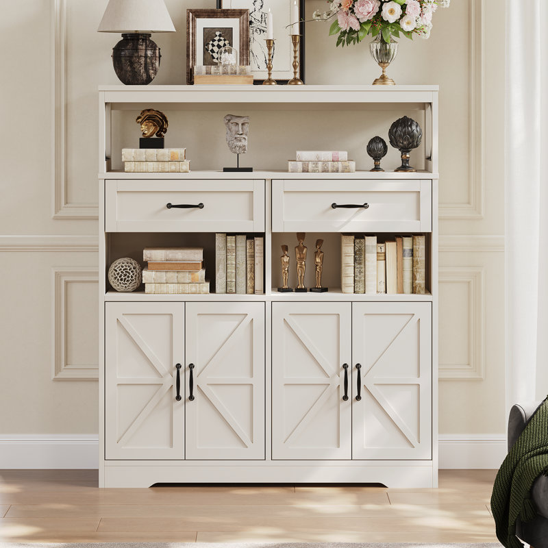 Farmhouse Buffet Cabinet With Barn Doors And Adjustable Shelves | Large Kitchen Storage Sideboard With 4 Open Spaces, 2 Drawers,White