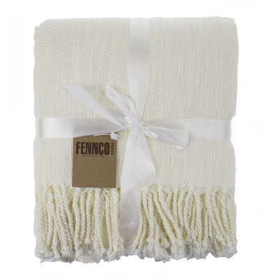 Ivory Woven Solid Lightweight Throw Blanket with Fringe Design 50" W x 60" L 