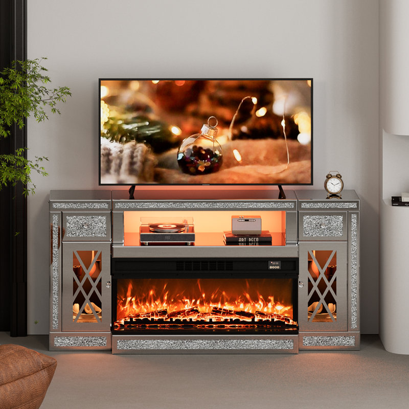 Meuble télé en miroir avec foyer pour téléviseur de 65 pouces et plus, console de télévision argentée avec diamant écrasé et DEL, centre de divertissement moderne avec tiroirs et armoires pour le salon, la chambre à coucher et le bureau