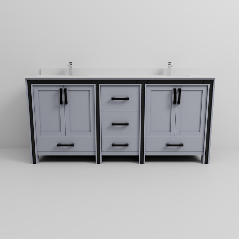 Ensemble de meuble-lavabo double l 72 po x P 22 po avec plateau blanc et robinet chromé Ziva, Gris foncé, White Quartz