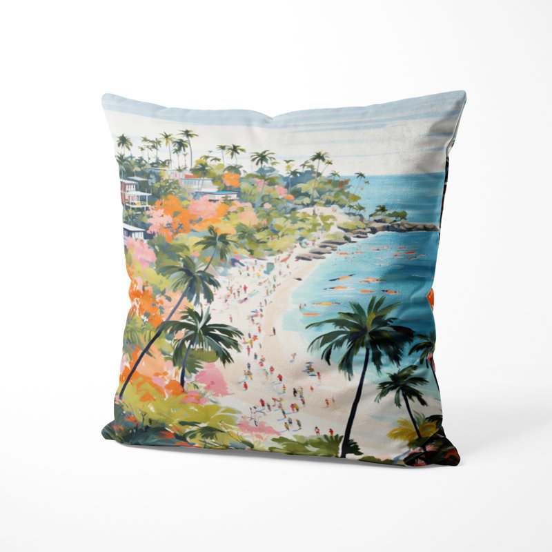 Coussin de plage côtière - Scène de plage côtière paradisiaque aux couleurs pastel III Coussin décoratif imprimé