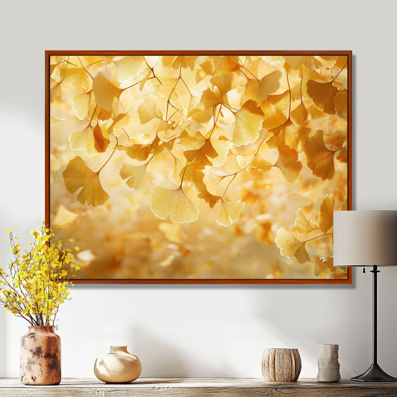 Iokua Golden Ginkgo Leaves Harmony I - feuilles, art mural, H 30 po x l 40 po, Impression encadrée flottante, Brun