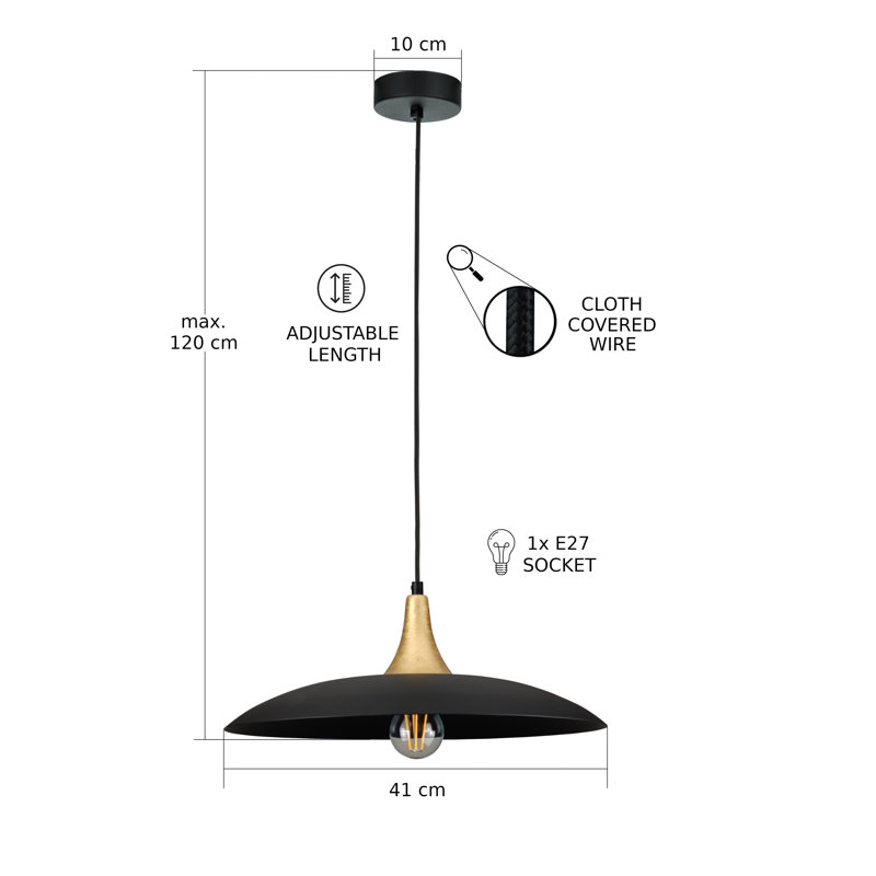 1 - Light Matte Black Dome Pendant, Gold/Black