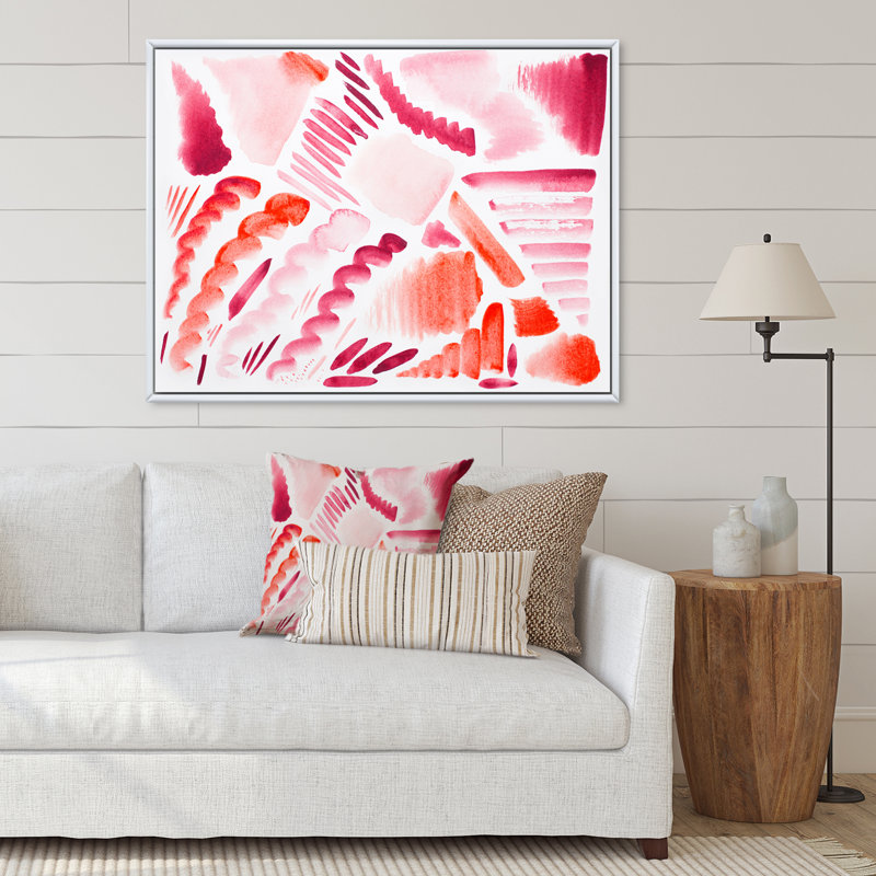 Éléments graphiques rétro en orange et rouge I - peinture sur toile, H 16 po x l 32 po, Cadre photo blanc