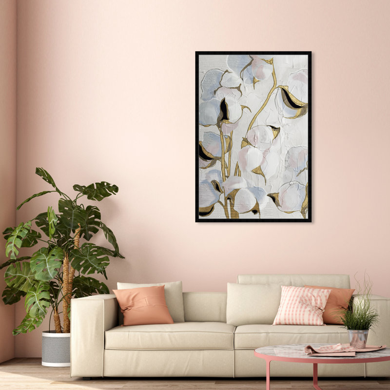 Golden Stem Floral - peinture encadrée sur papier, H 56 po x l 38 po, Cadre noir