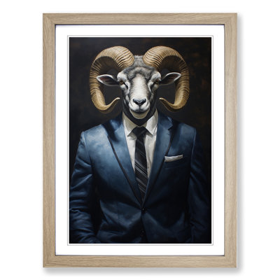 Ram Sheep In A Suit Painting - Single Picture Frame Print on Wood