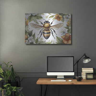 Art mural en bois August Grove® «Bee Parmi Watercolor Flowers» par Momart