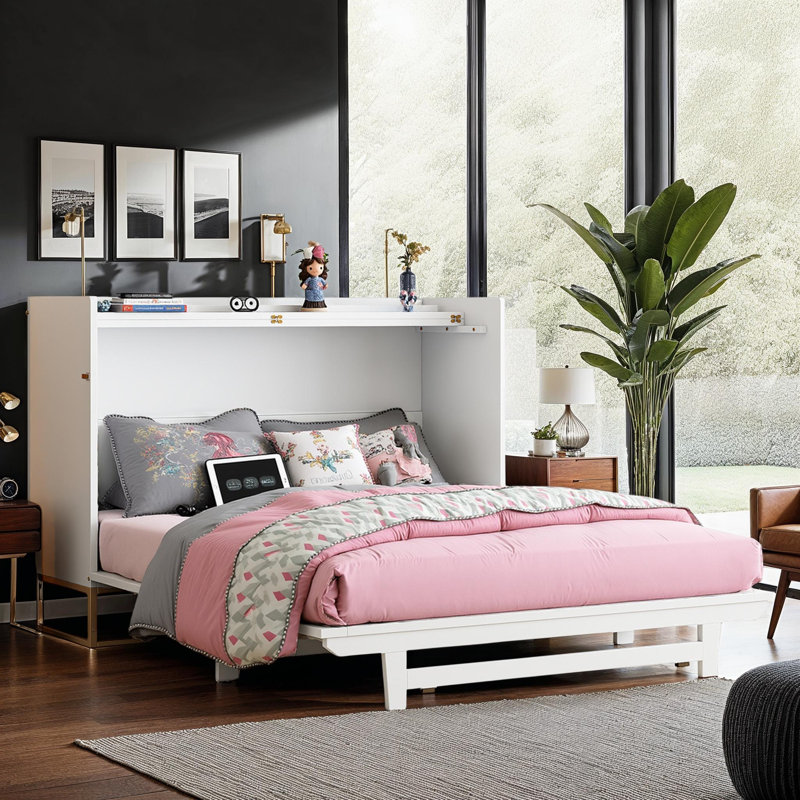Grand lit escamotable avec armoire verticale, lit pliable peu encombrant pour une vie compacte, Blanc
