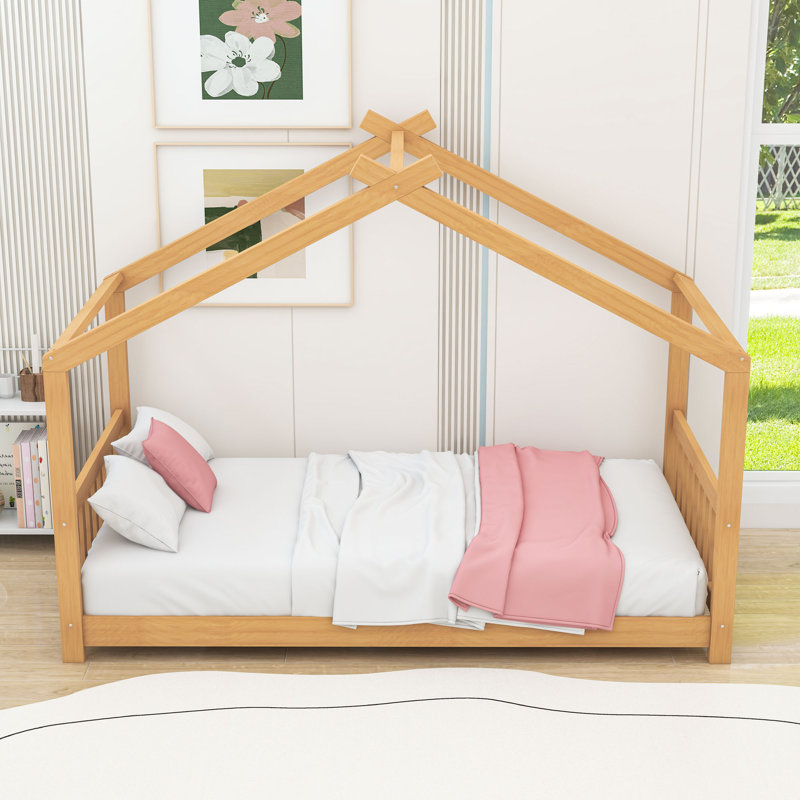 Twin Size House Platform Bed With Headboard And Slats, Natural