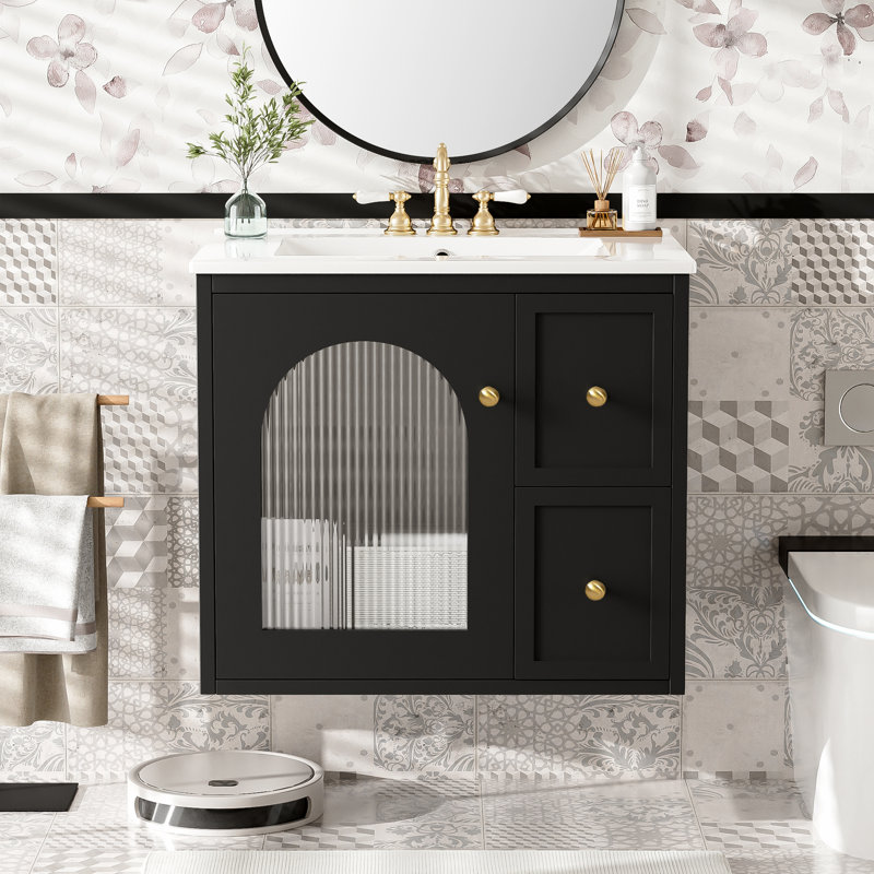 Armoire de salle de bain murale avec lavabo en céramique, Noir
