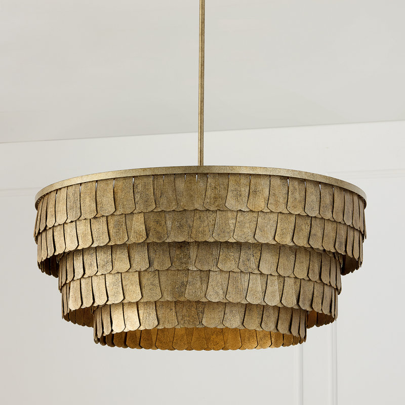 28.75" W x 11.5" H 6-Light Tiered Drum Chandelier in Textured Ancestral Gold with Dangling Petal Adornments