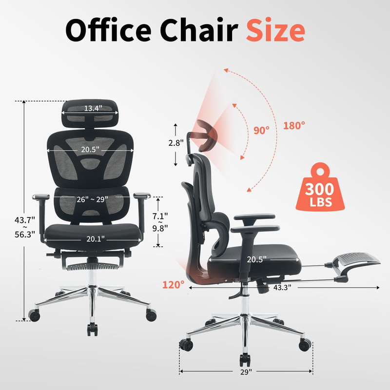 Chaise de bureau ergonomique en filet avec repose-pieds, accoudoirs réglables en 3D, soutien lombaire dynamique, fonction d'inclinaison et d'inclinaison pour le bureau à domicile