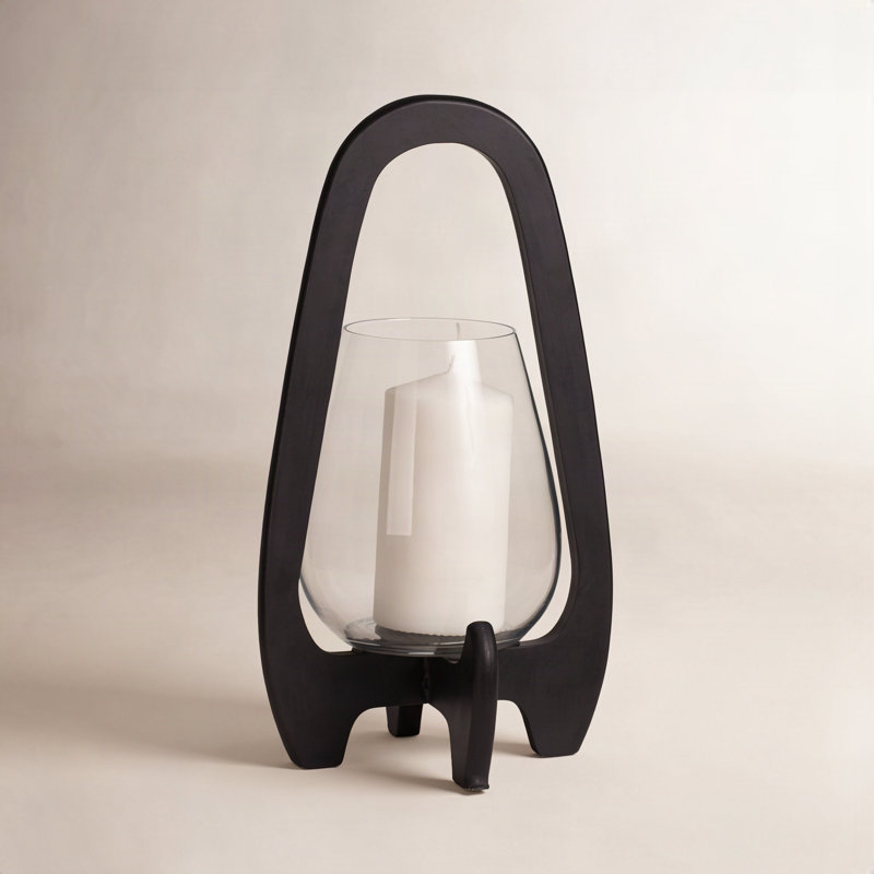 Sculpted Wood Glass Hurricane Lantern, For Decorative Use, Mango Wood and Glass, 15" H x 8" W x 8" D, Black