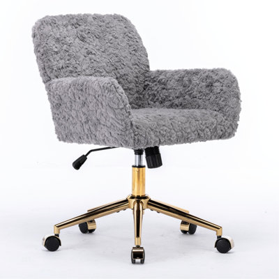 Gray Desk Chair With Artificial Alpaca Wool, Adjustable, Golden Metal Base, 320Mm Larger 40° Reclining Vanity Wool Cushion, Reclining, Adjustable For Business