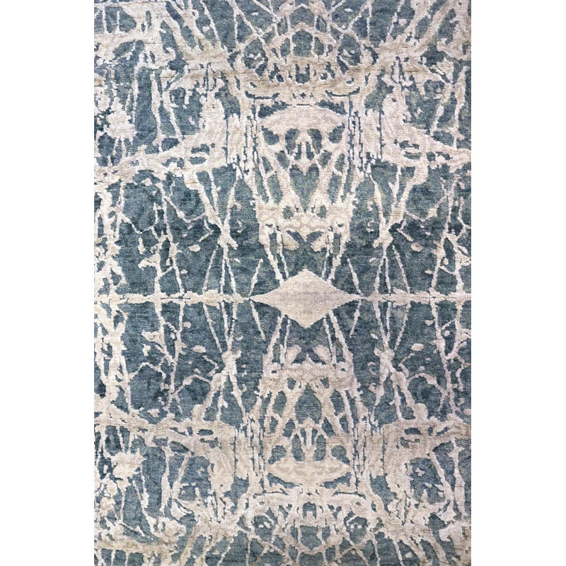 Flight Damask Area Rug in Blue/Taupe/Silver, Rectangle 8' x 9'7"