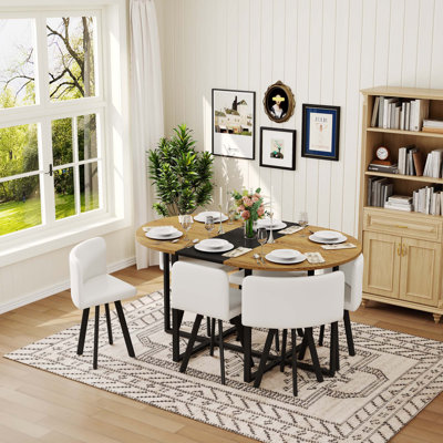 7-Piece Kitchen Oval Dining Table Set, Fixed Wood Grain & Black Triamine Tabletop With 6 PU Leather Chairs For Small Spaces, Apartment, Dining Room