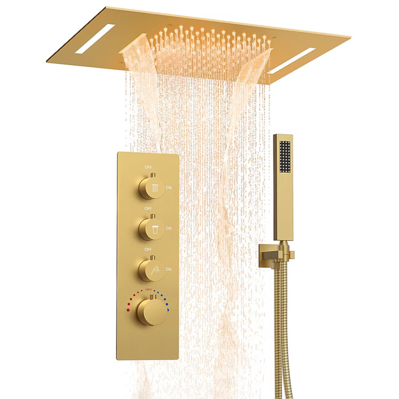 Ceiling Mount 23" LED Thermostatic Shower System with Rainfall & Waterfall and Handheld Spray, Brushed Gold
