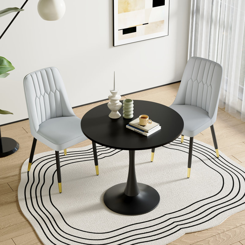 Modern 3-Piece Round Dining Set, Black Pedestal Table & Tufted Chairs, Light Gray