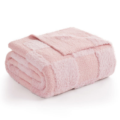Fluffy Feather Yarn Knit Throw Checkered Blanket Soft Faux Fur Blend Blankets For Couch Or Bed