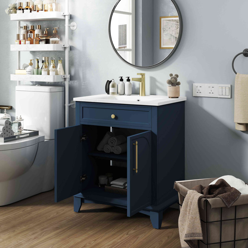 Meuble-lavabo moderne 27,8 po avec surface peinte, meuble-lavabo autoportant Mid-Century avec rangement, meuble-lavabo haut de gamme avec tiroirs et poignées en métal