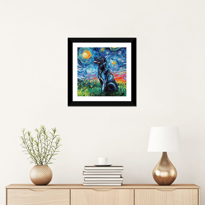 Reproduction d’art, "Black Labrador night I" par aja Trèves, H 16 po x l 16 po x P 1 po, Papier encadré noir, Blanc