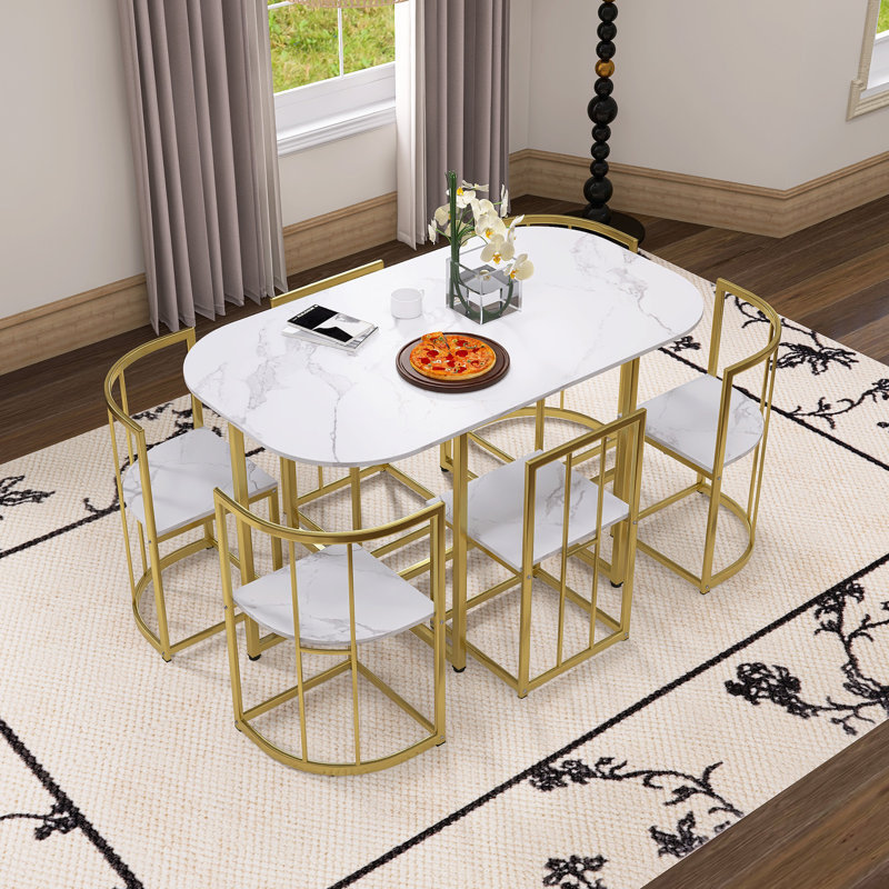 7-Piece Dining Table Set, Golden/White, Gold