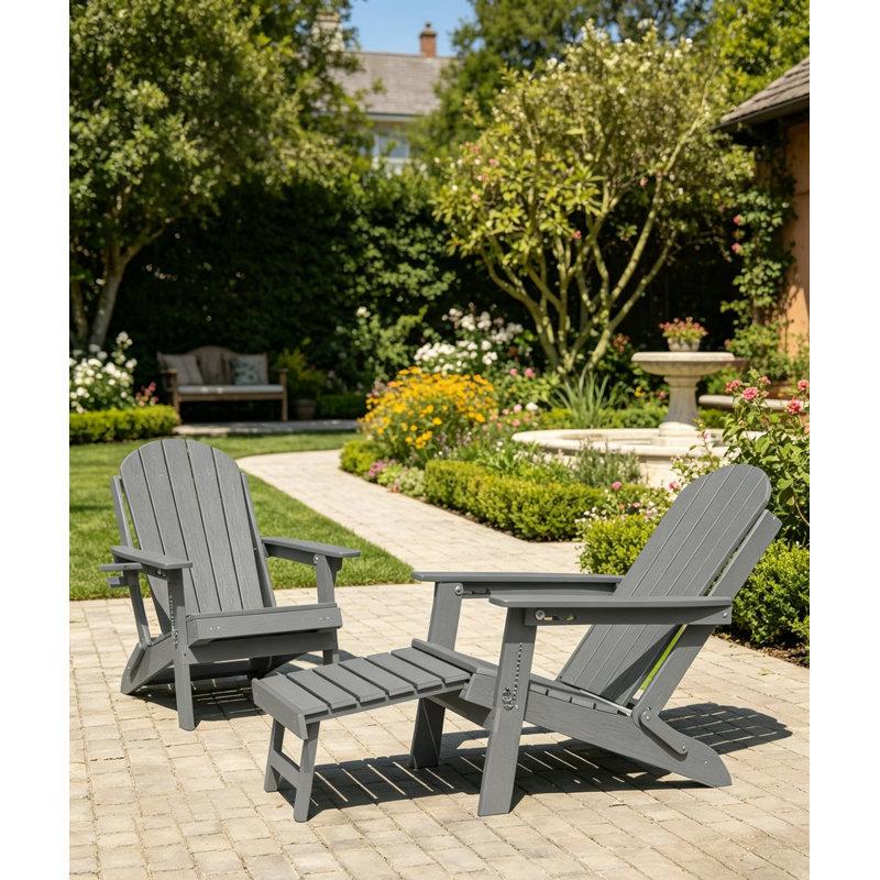 All Weather Outdoor Folding Adirondack Chairs With Ottoman And Adjustable Backrest & 1 Cup Holders, Gray