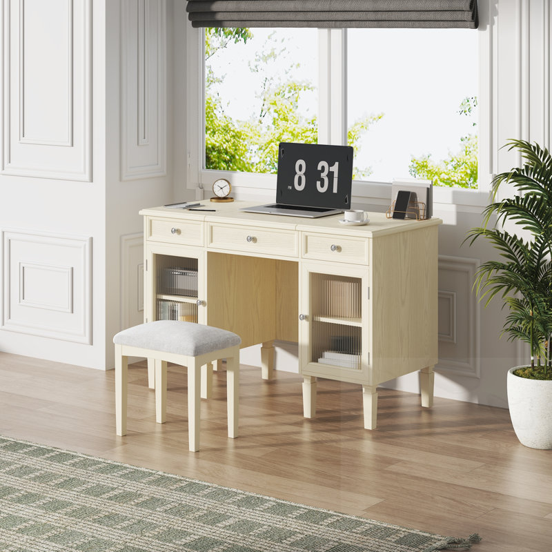 Bureau de coiffeuse avec miroir rabattable, tiroir et armoire
