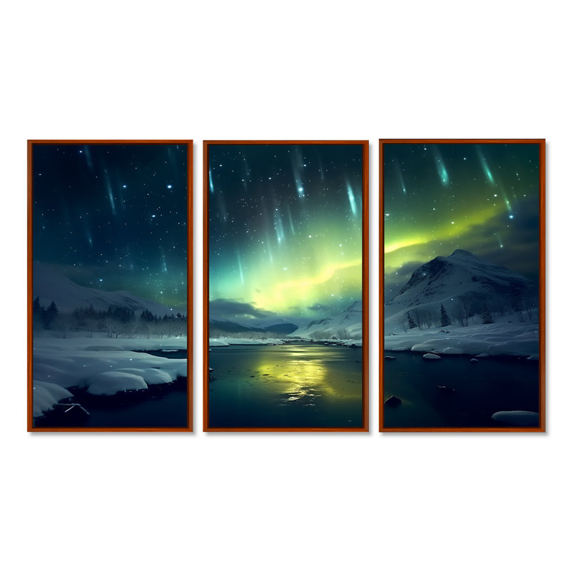 «Green Northern Lights River Snow Landscape - Aurora Borealis», ensemble de décorations murales, Cadre flottant brun